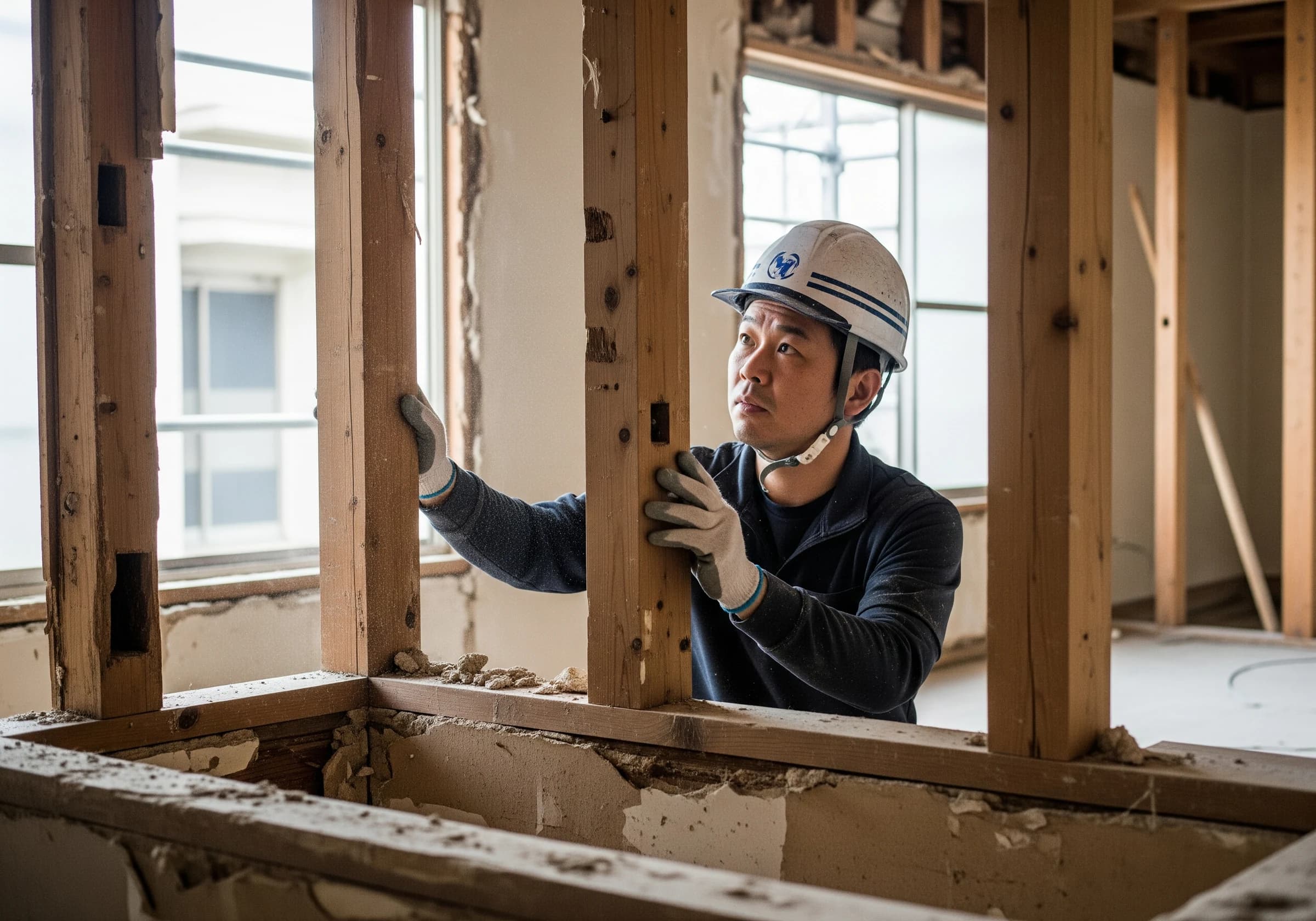 現場で構造を確認する解体職人