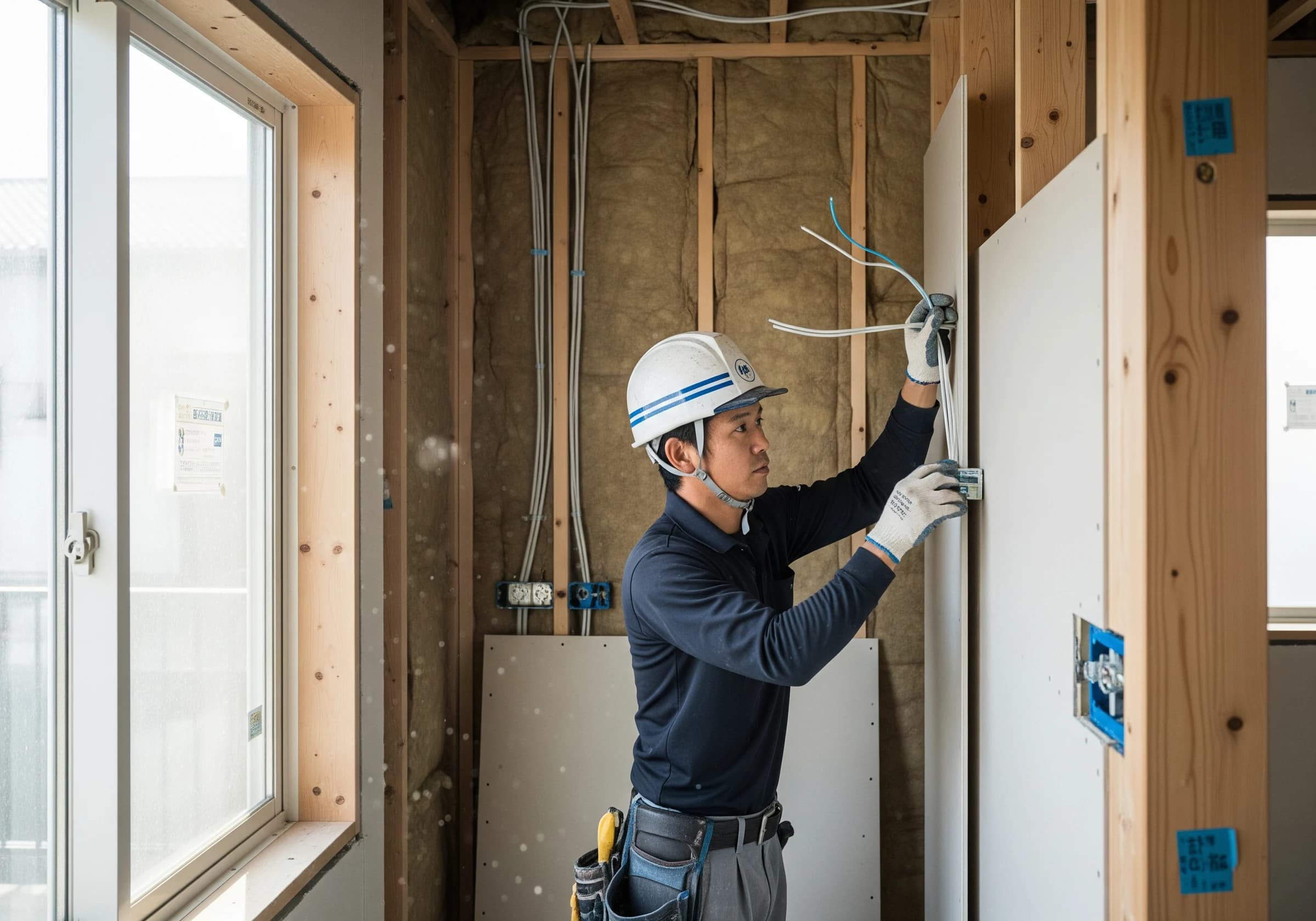 内装仕上げ・電気工事を行う職人